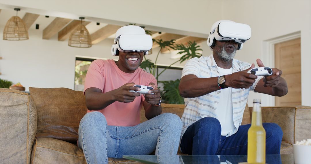 Father and Adult Son Enjoying VR Gaming Experience at Home