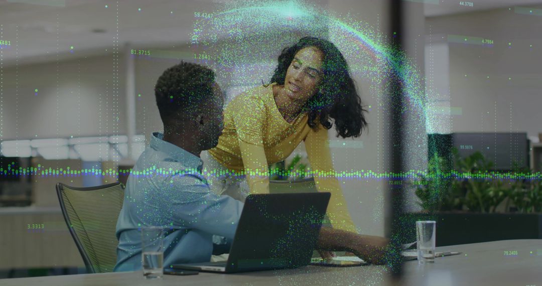 Creative Teamwork in Modern Office with Digital Interface Overlay