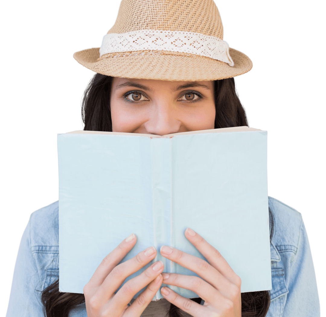 Smiling European Woman Reading Book Transparent Background