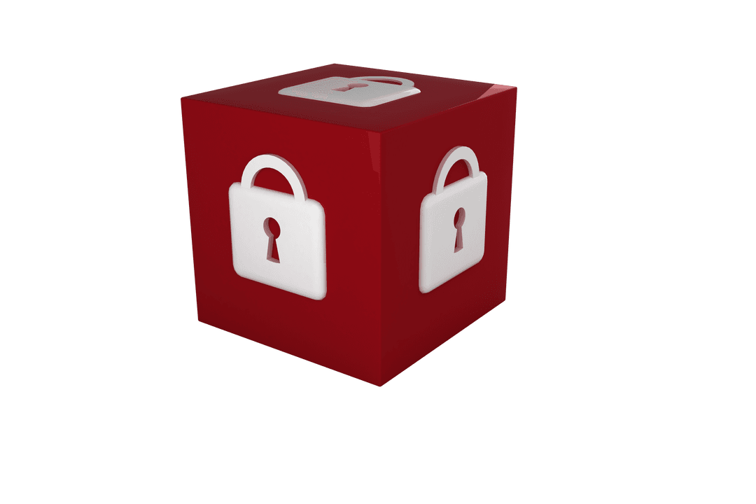 Red 3D Cube with Lock Icon on Transparent Background