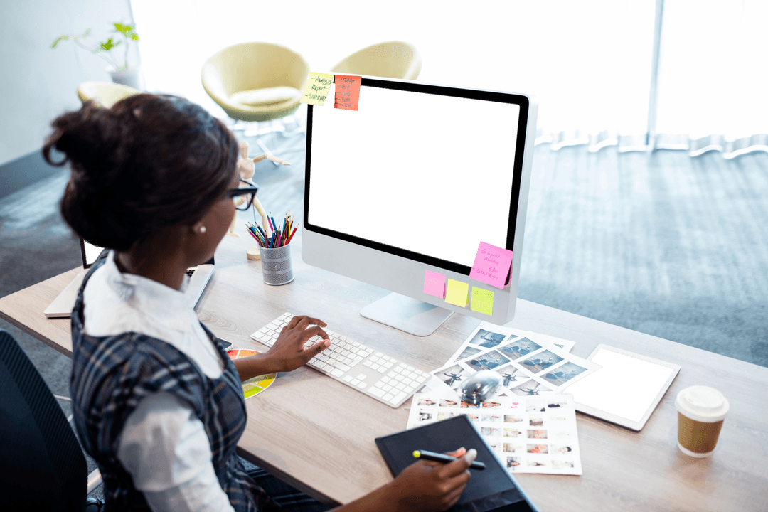 Transparent Background of Woman Working on Computer in Modern Office