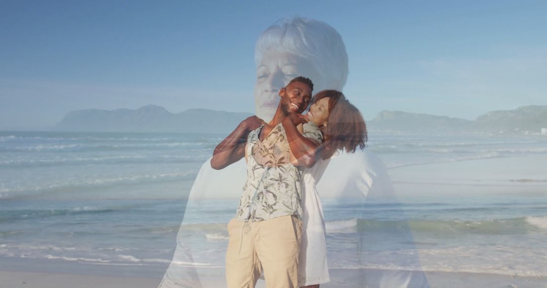 Couple Embracing on Beach with Nostalgic Memories