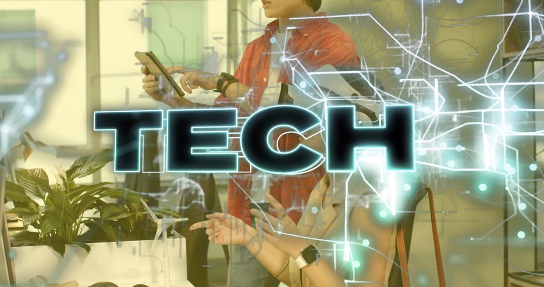 Office Worker Using Tablet with Futuristic Tech Overlay