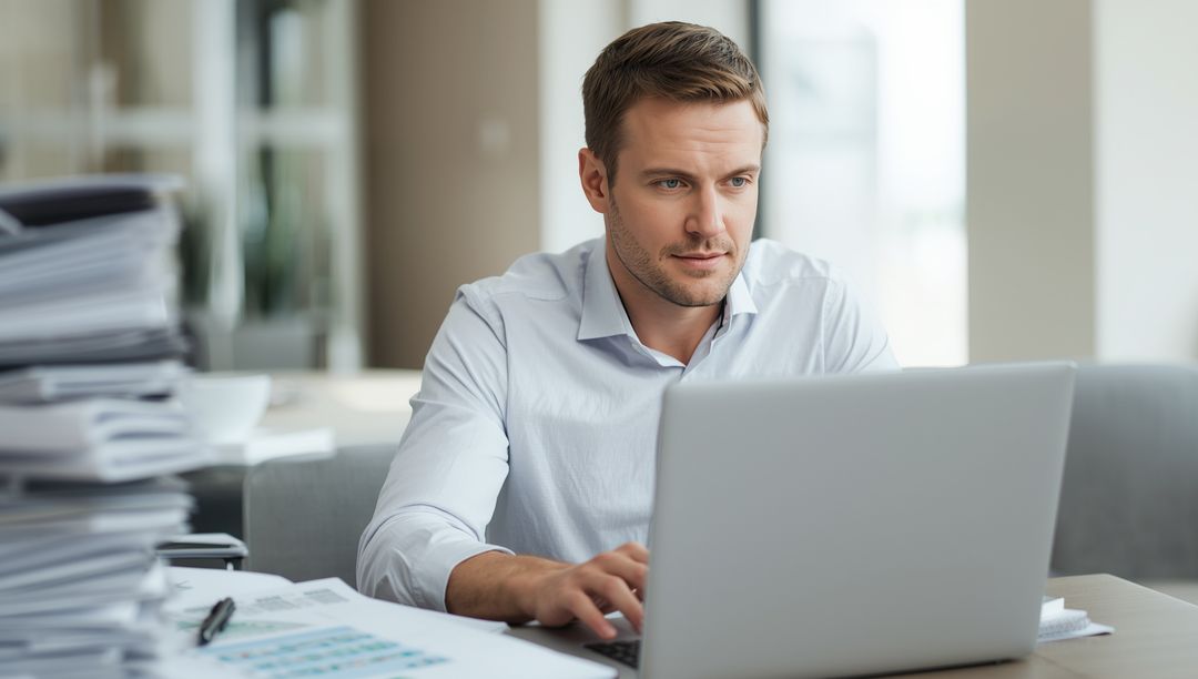 Focused Man Working on Laptop in Modern Office Environment