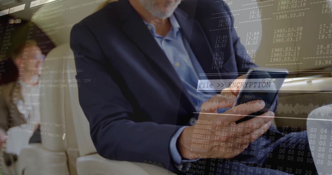 Executive Utilizing Tablet on Private Jet with Encryption Graphics