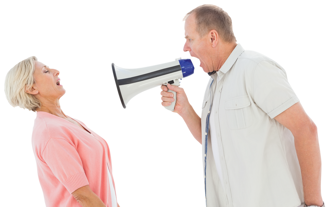 Transparent image of man with megaphone shouting at annoyed woman - Download Free Stock Images Pikwizard.com