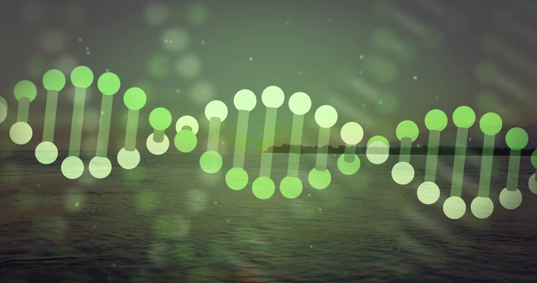 Futuristic Green DNA Helix Graphics Over Tranquil Water