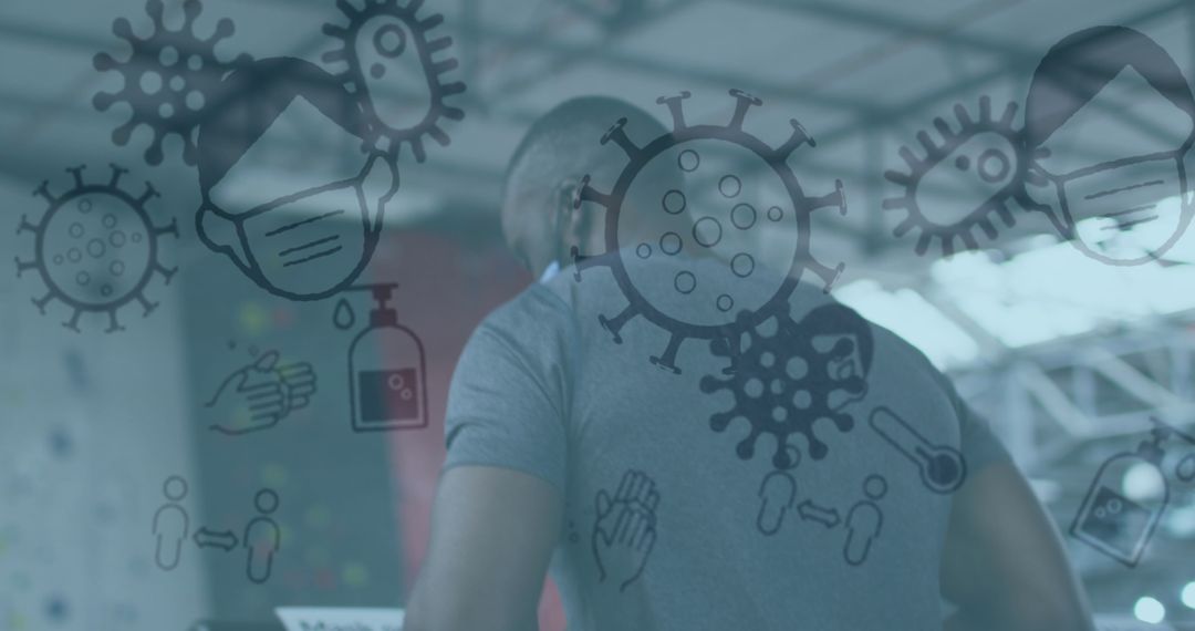 Man Exercising with COVID-19 Safety Icons Overlay