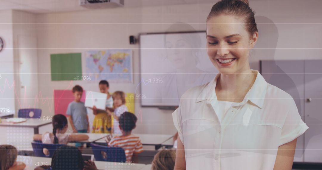 Teacher Analyzing Data and Interacting in Classroom Environment