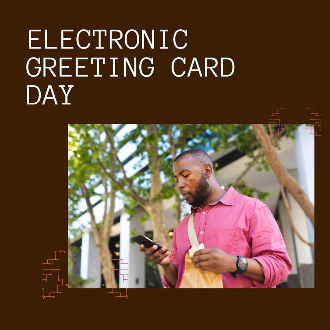 Man Checking Smartphone on Electronic Greeting Card Day Outdoors