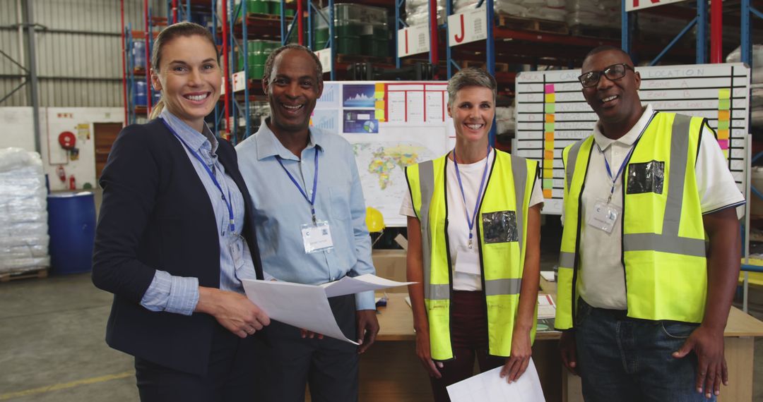 Diverse Warehouse Managers Collaborating in Industrial Space