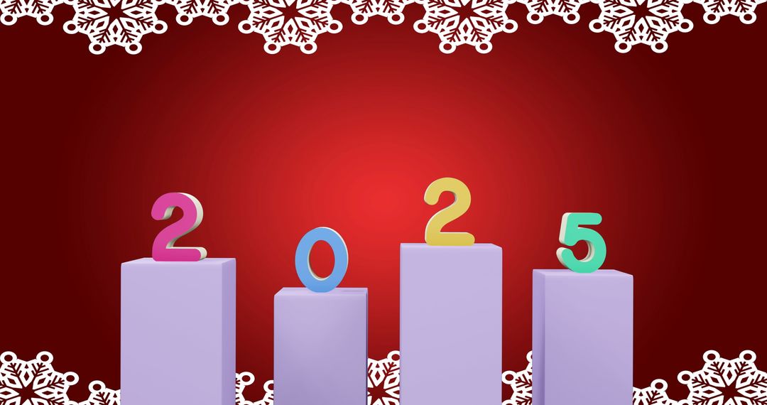 Colorful 2025 Numbers with Christmas Snowflakes on Red Background