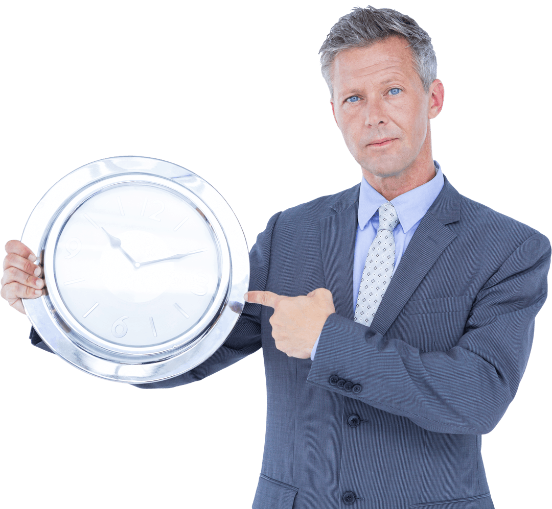 Businessman in Suit Pointing to Transparent Circular Wall Clock