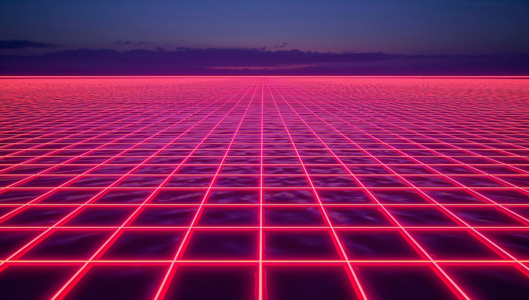 Magenta Neon Grid Reflecting Ocean Ripples Toward Horizon Synthwave Retrofuturism