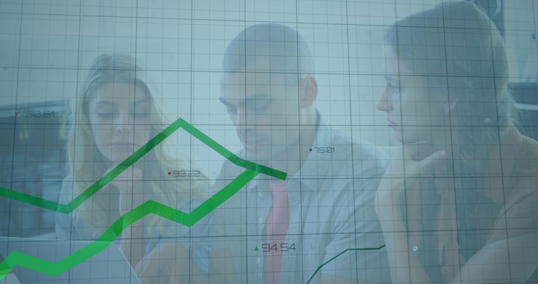 Colleagues Analyzing Financial Trends with Digital Chart Overlay