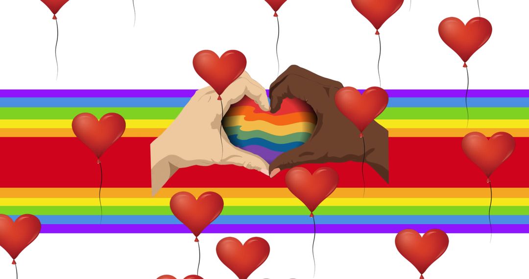 Diverse Hands Creating Heart with Rainbow Flag and Heart Balloons