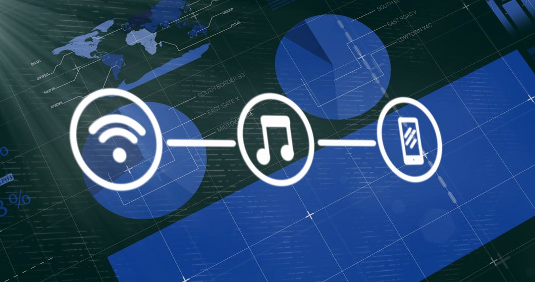 Wi-Fi Music Smartphone Icons Linked Over Digital Dashboard Connectivity and Analytics
