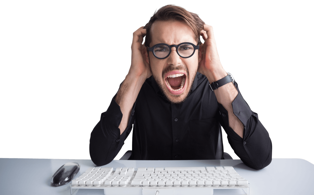 Frustrated Businessman Yelling at Computer on Transparent Background