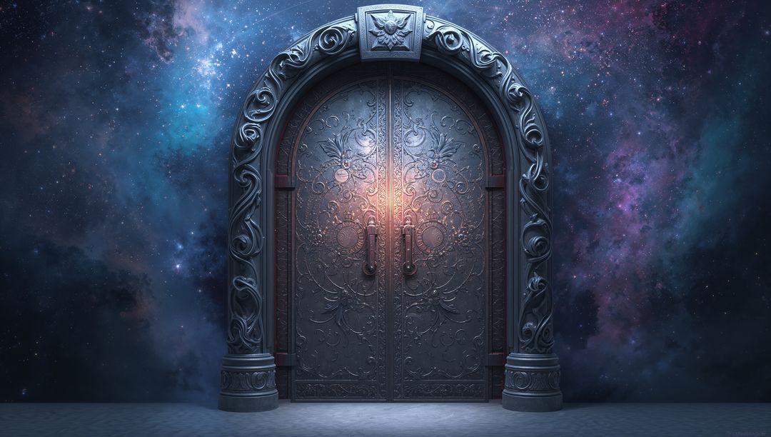 Ornate Metallic Doors in Cosmic Realm with Celestial Background