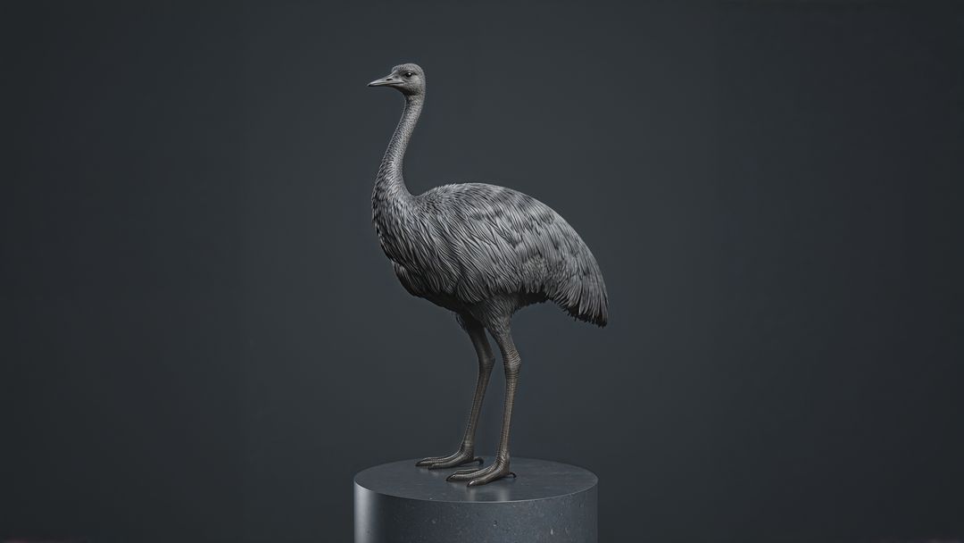 Monochromatic metallic emu sculpture on stone pedestal in gallery