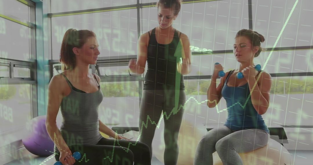 Personal Trainer Guiding Clients Lifting Dumbbells in Studio with Chart Overlay