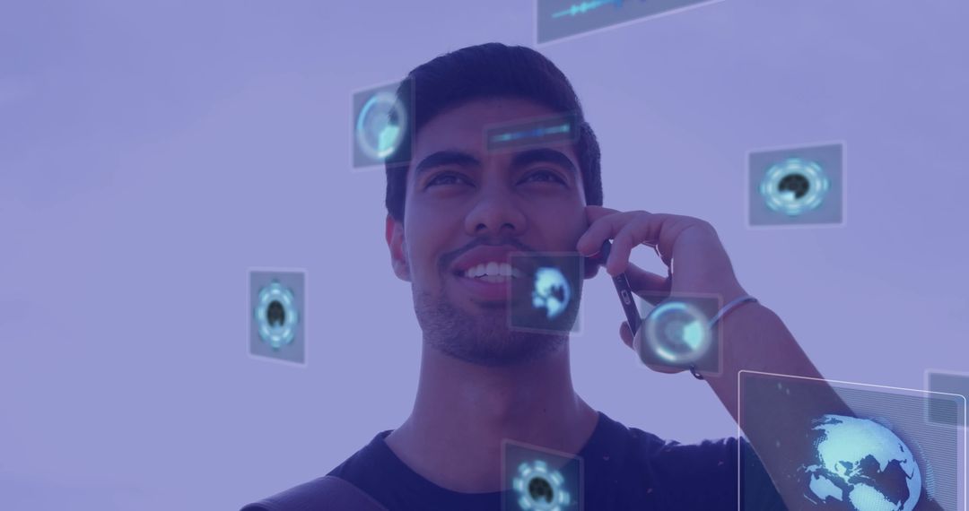 Young Man Engaging with Futuristic Technology Interface