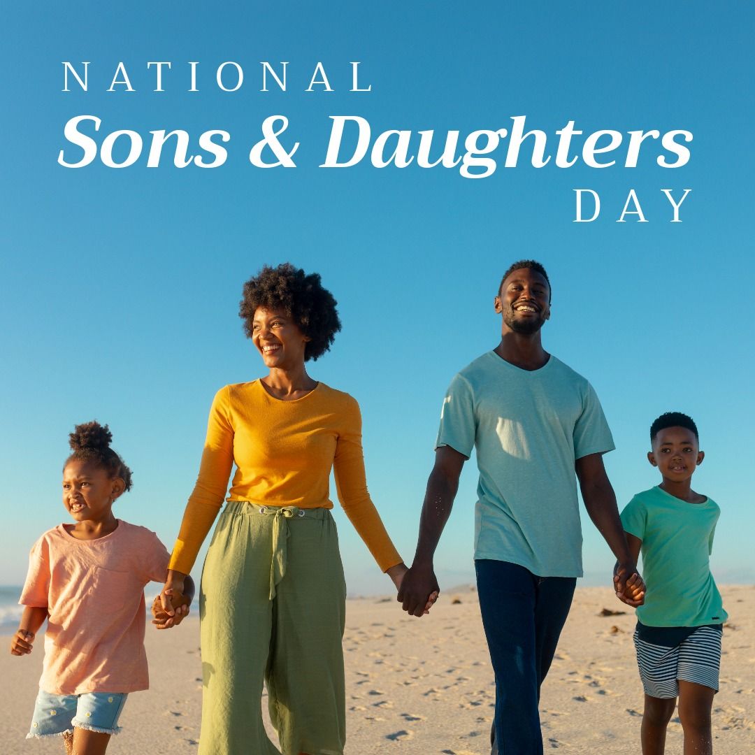 Digital image of happy african american family at beach with national sons and daughters day text - Download Free Stock Templates Pikwizard.com