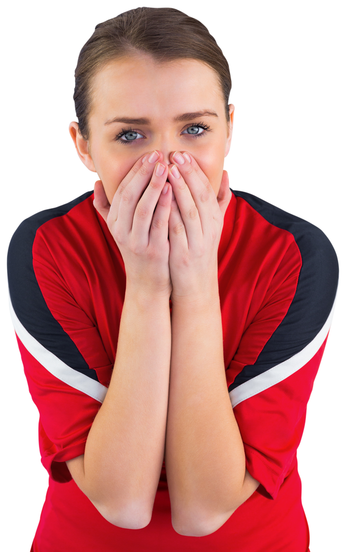 Nervous Football Fan Covering Mouth Wearing Red Shirt With Transparent Background - Download Free Stock Images Pikwizard.com