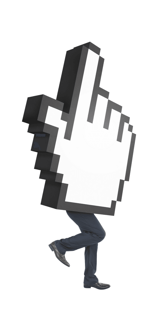 Pixelated Hand Icon with Walking Businessman on Transparent Background