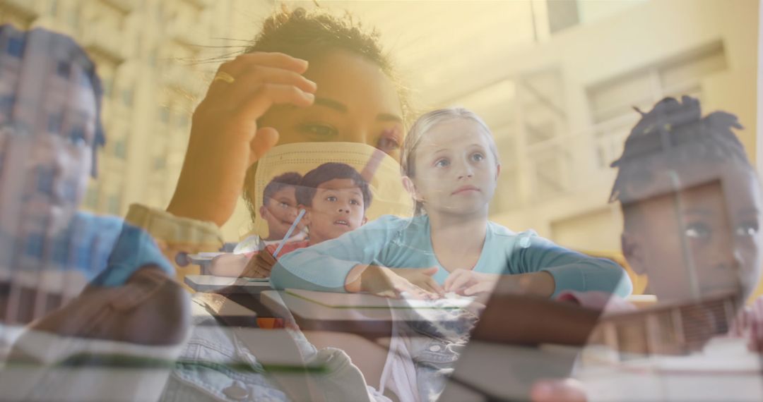 Multi-Ethnic Classroom with Digital Overlay of Masked Woman