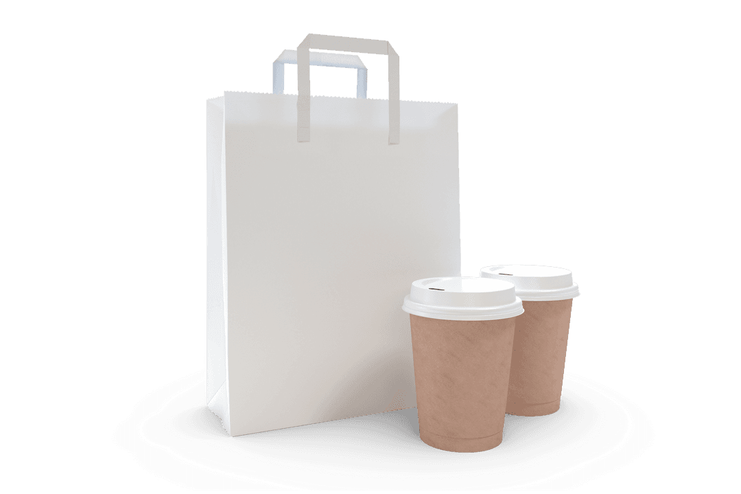 Transparent Background White Bag with Twin Coffee Cups for Takeaway Composition