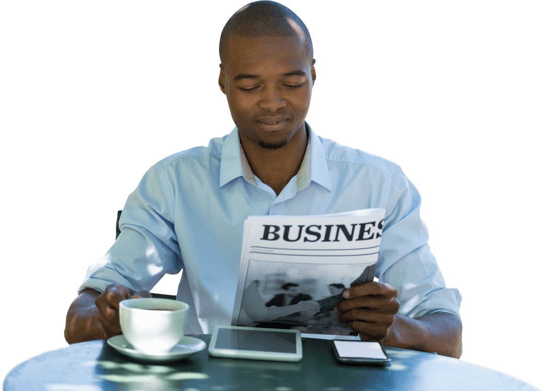 Transparent Businessman Reading Newspaper with Coffee and Tablet
