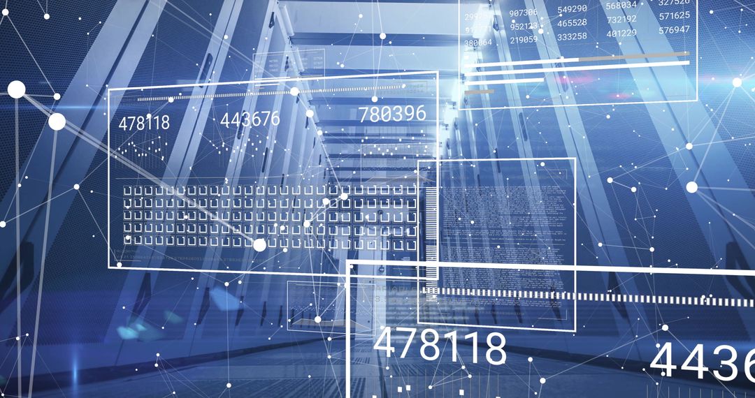 Futuristic Data Center Corridor with Digital Interface Overlay