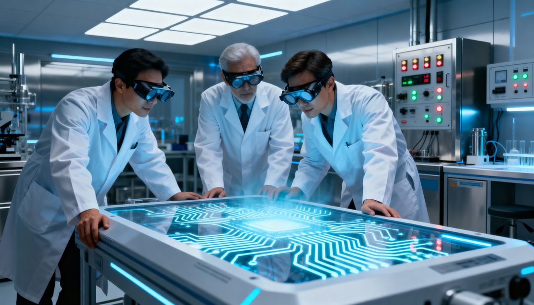 Researchers Collaborating Over Holographic Circuit on Interactive Lab Table for AI Innovation