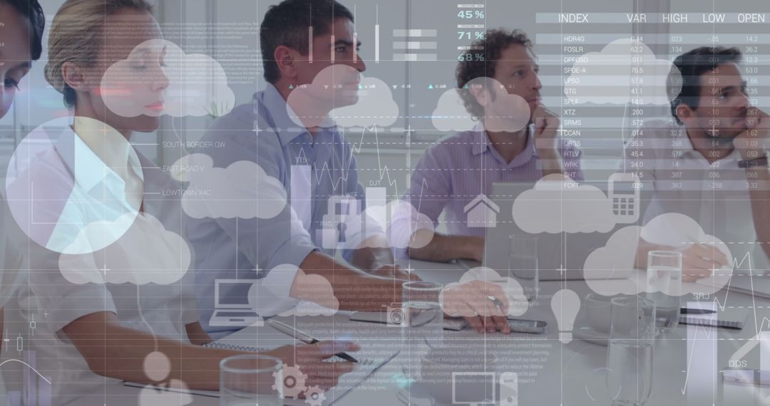 Business Team Analyzing Data with Digital Clouds and Statistics Overlay