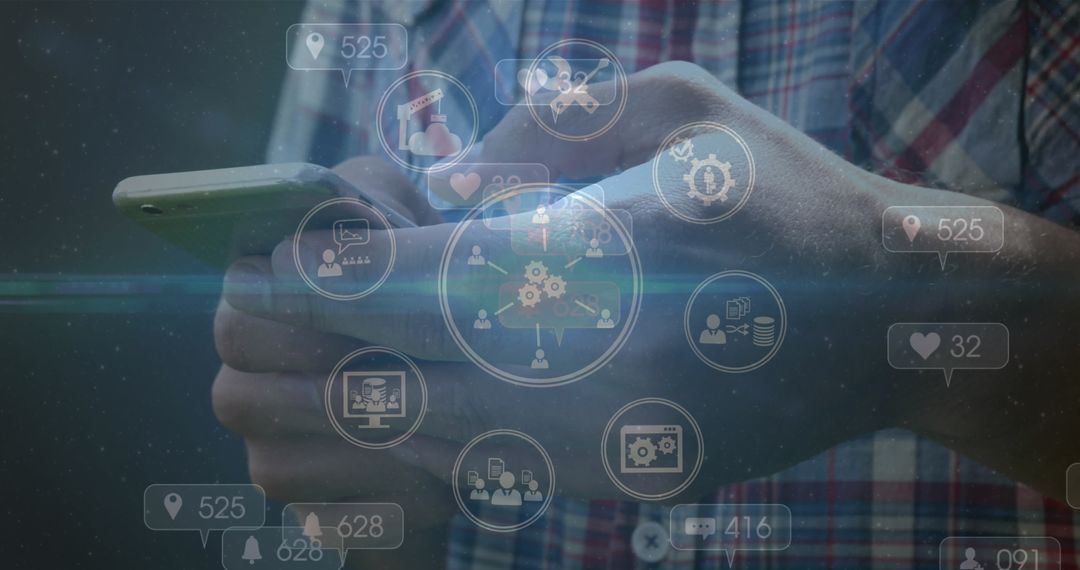 Person Engaged with Smartphone and Interactive Digital Technology Icons