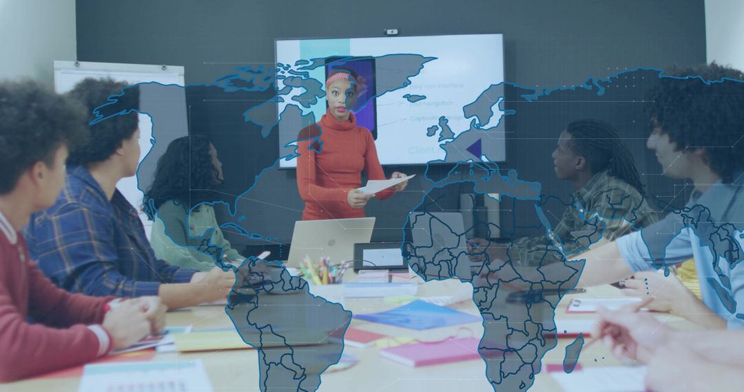 Diverse Team in Modern Business Presentation with World Map Overlay