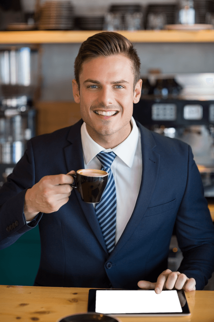 Transparent Happy Businessman Enjoying Coffee in Modern Café Setting