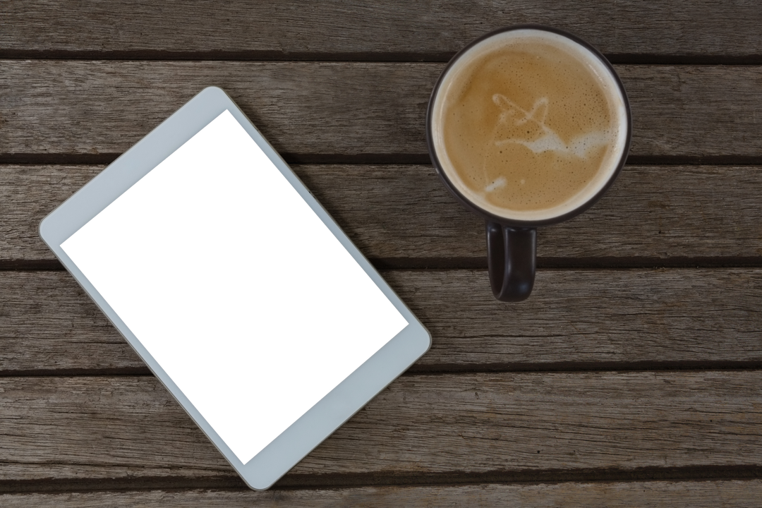 Transparent Tablet and Coffee Arrangement on Rustic Wooden Tabletop - Download Free Stock Images Pikwizard.com