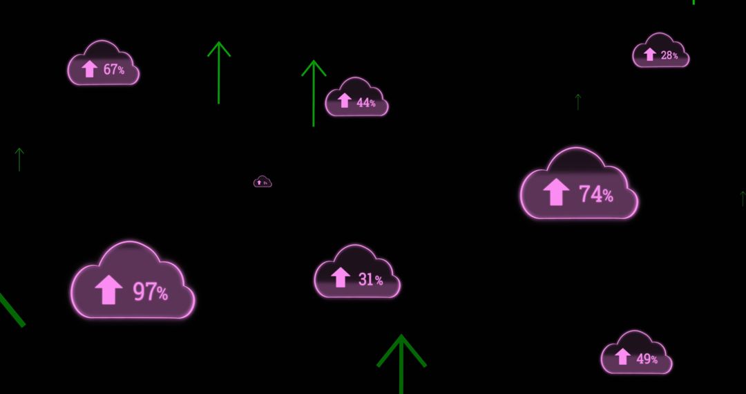 Floating Cloud Icons with Data and Green Arrows on Dark Background