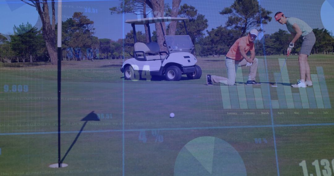 Golfers Lining Up Putt with Digital Data Overlay on Golf Course