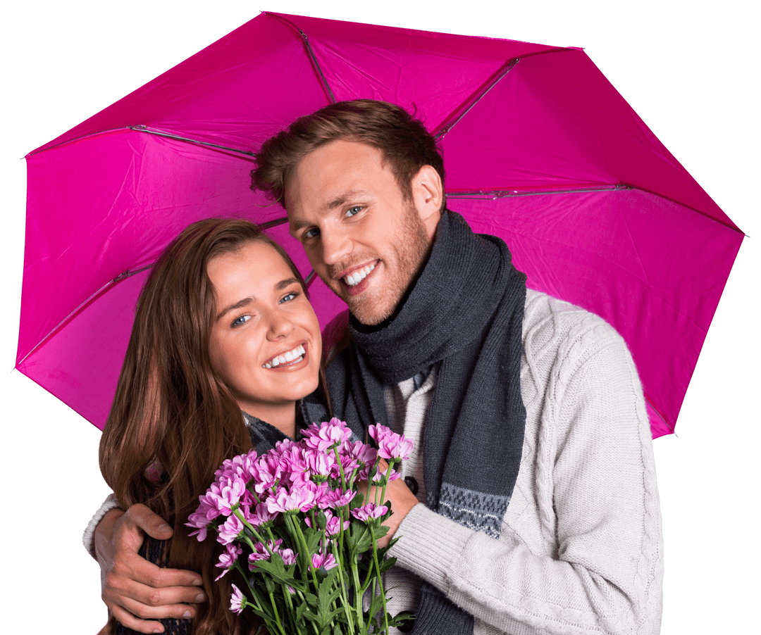 Transparent Smiling Couple with Pink Umbrella and Flowers