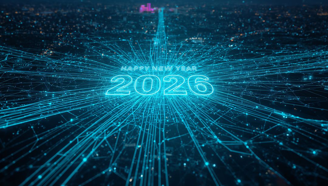 Neon 2026 New Year Countdown with Cyberpunk Grid and Futuristic Digital Network Metropolis