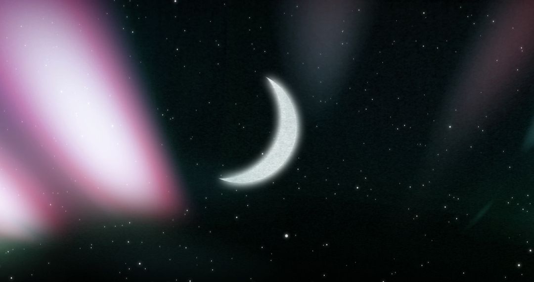 Crescent Moon with Wispy Auroras Starry Night Sky