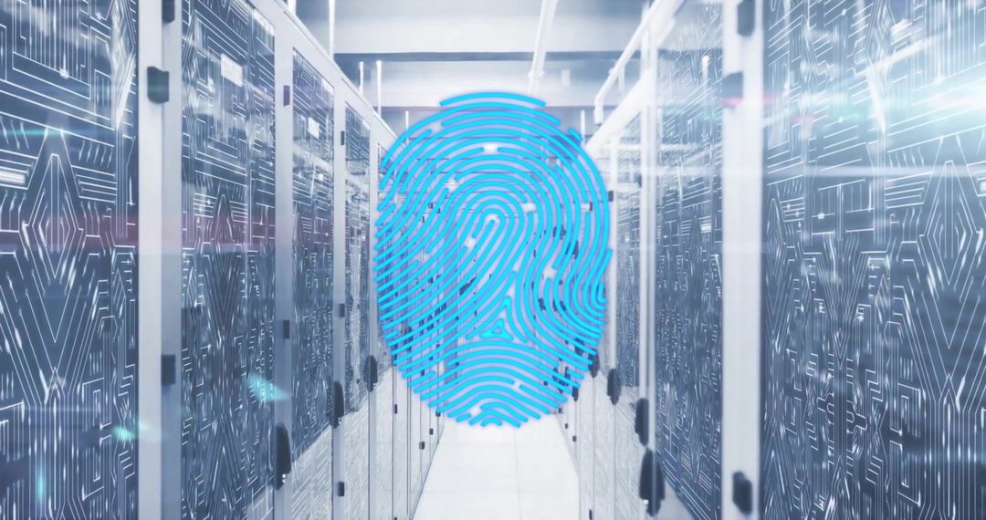 Digital Fingerprint Overlay on Data Center Servers Highlighting Cybersecurity