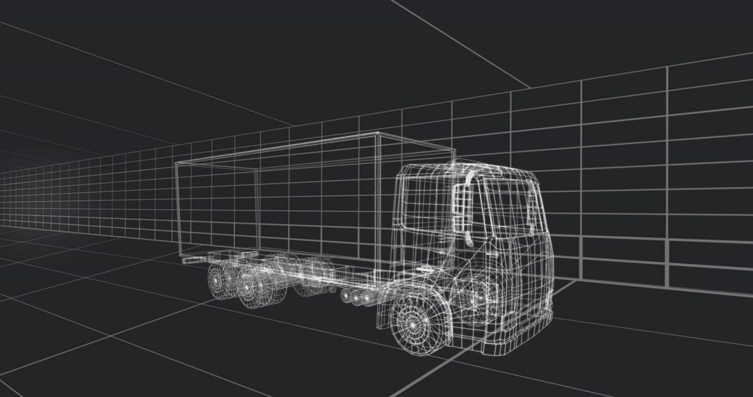 3D Wireframe Box Truck Model on Perspective Grid for CAD, Engineering, Transport Design