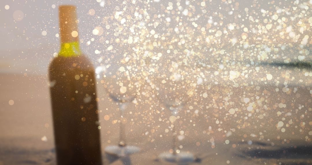 Sparkling Golden Bokeh Over Wine Bottle on Seaside