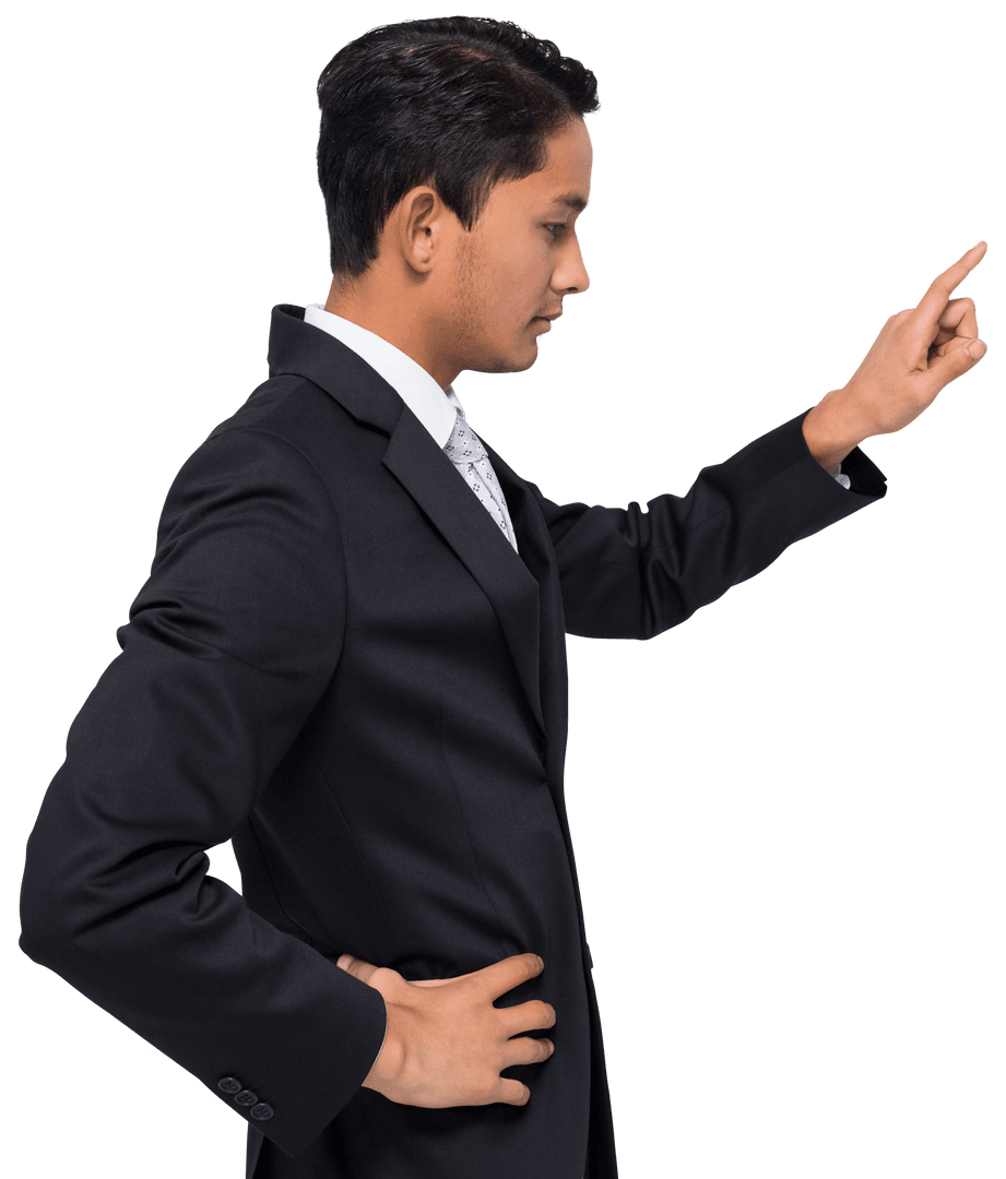 Biracial Businessman in Suit Pointing on Transparent Background