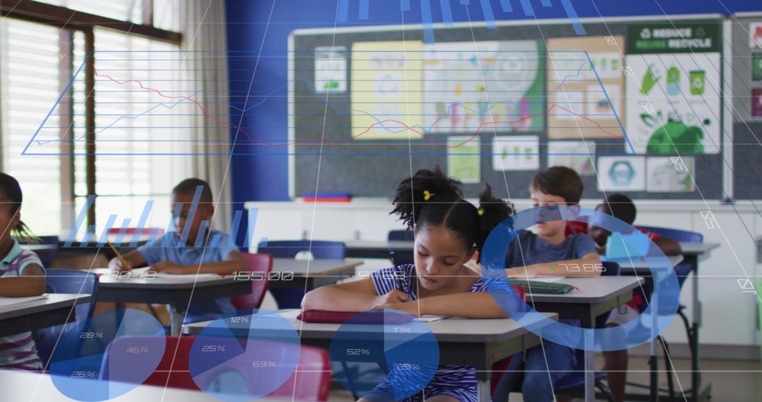 Diverse Students Studying with Digital Overlay of Statistical Data