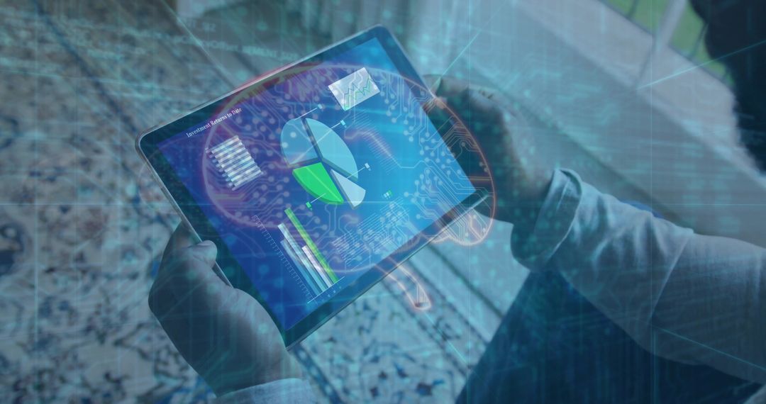 Digital Analyst with Holographic Charts in Modern Living Room Scenario